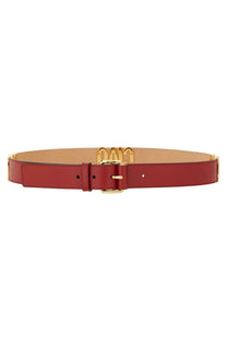 Moschino women’s red leather belt with gold-tone buckle and logo detail perfect for stylish outfits