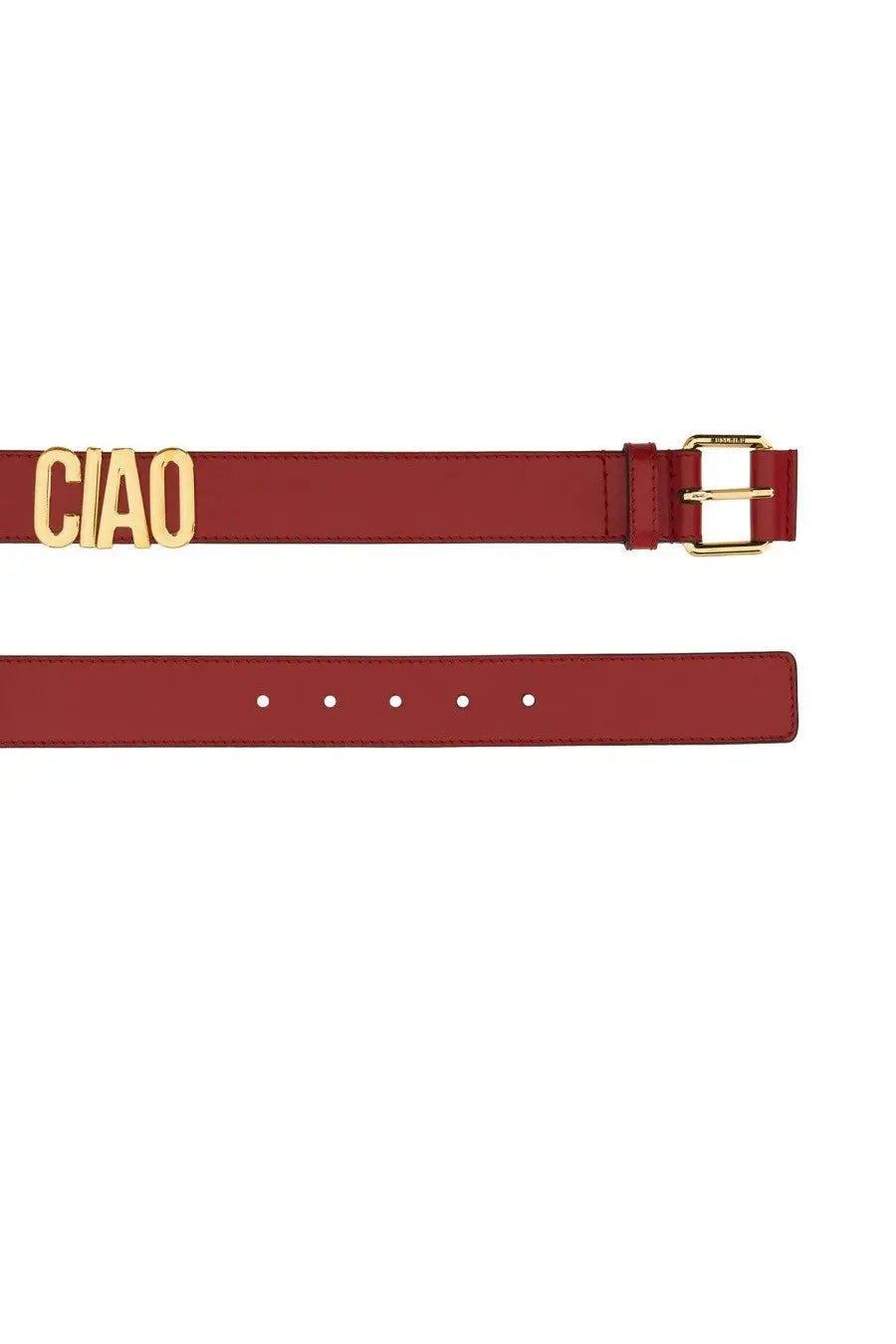 Red leather belt with gold tone ciao buckle and matching hardware from Moschino women’s hello belt red collection