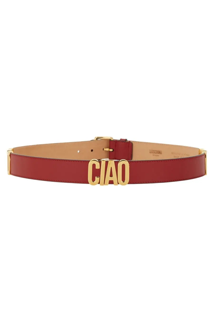 Moschino women’s red leather belt with bold gold-tone ciao buckle and matching metallic end plates