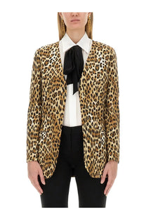 Moschino women’s leopard-print blazer with bold tan and black spots classic patterned jacket