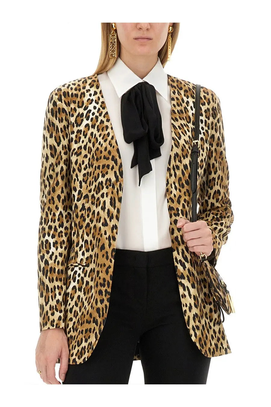 Moschino women’s jacket featuring a leopard-print blazer pattern in bold tan and black classic design