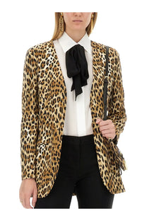 Moschino women’s jacket featuring a leopard-print blazer pattern in bold tan and black classic design