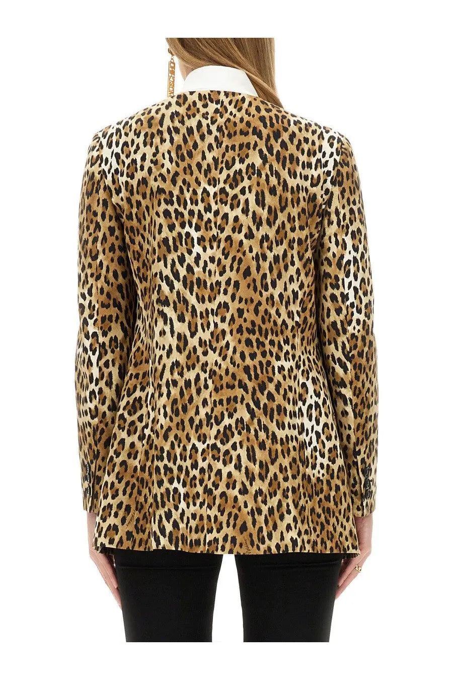 Moschino women’s leopard print blazer in tan and black spots featuring a bold classic pattern