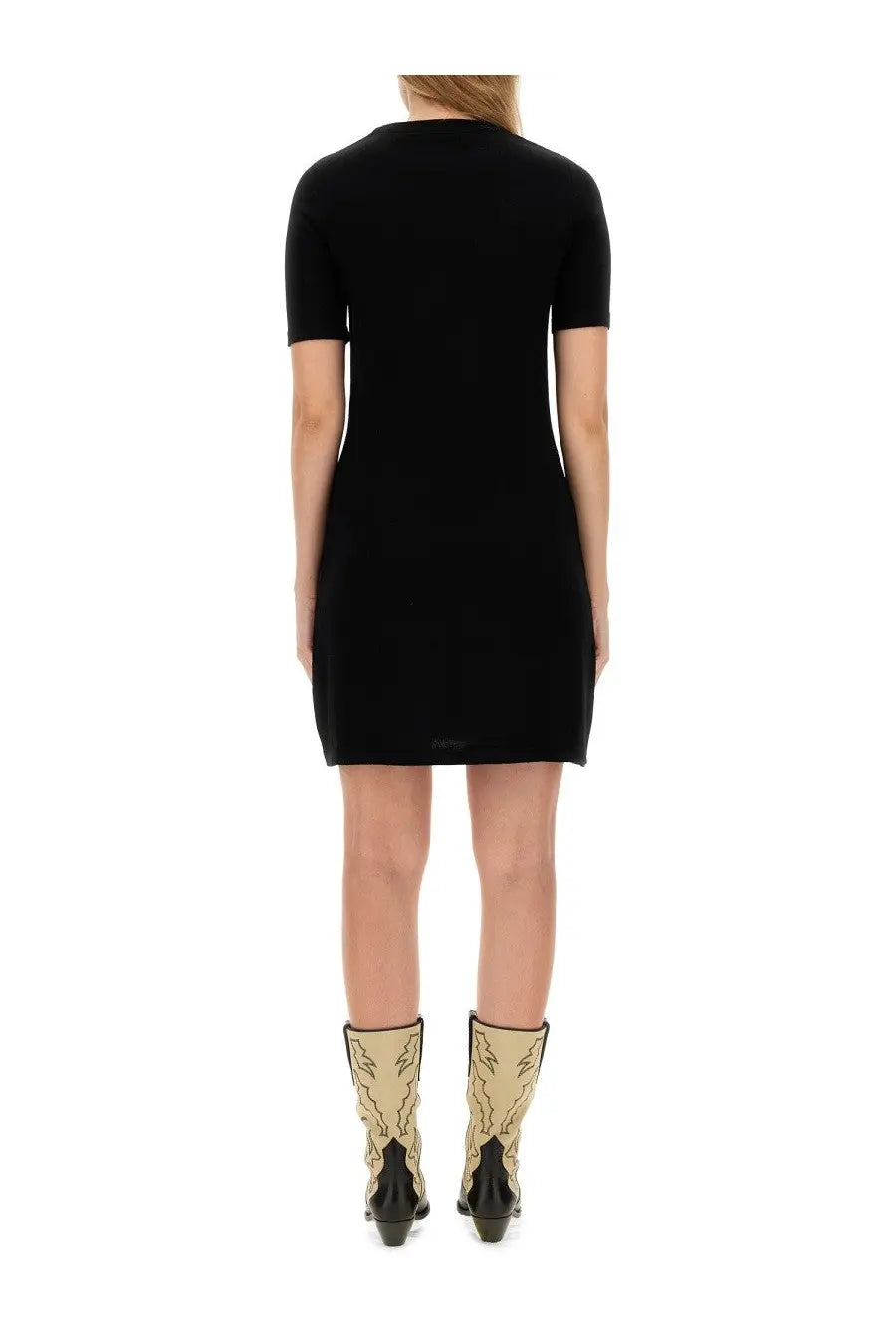 Moschino women’s black knit dress with short sleeves fitted silhouette and straight hemline in knit fabric