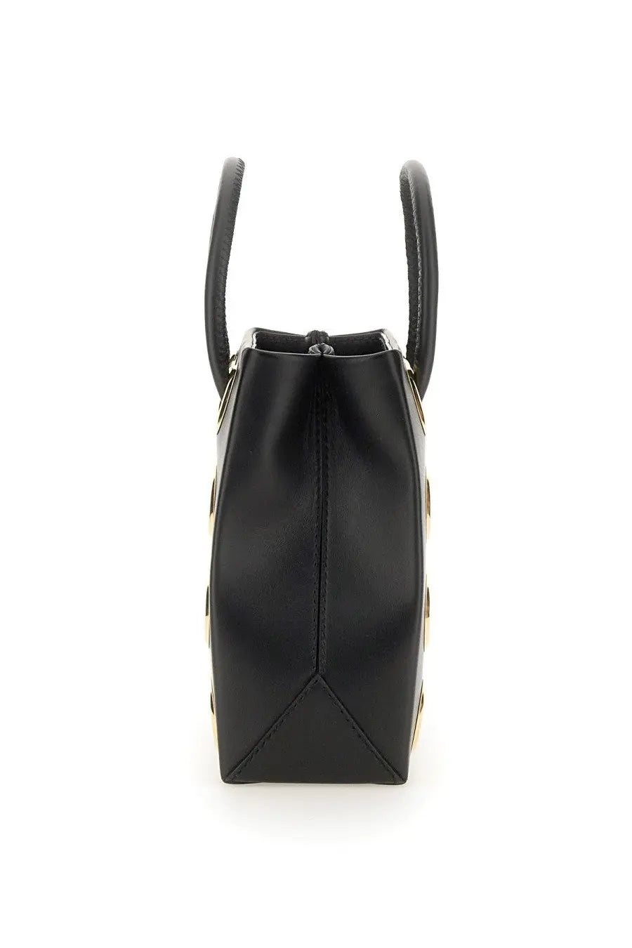 Moschino women’s black leather handbag with gold-tone circular studs and top handles for stylish carrying