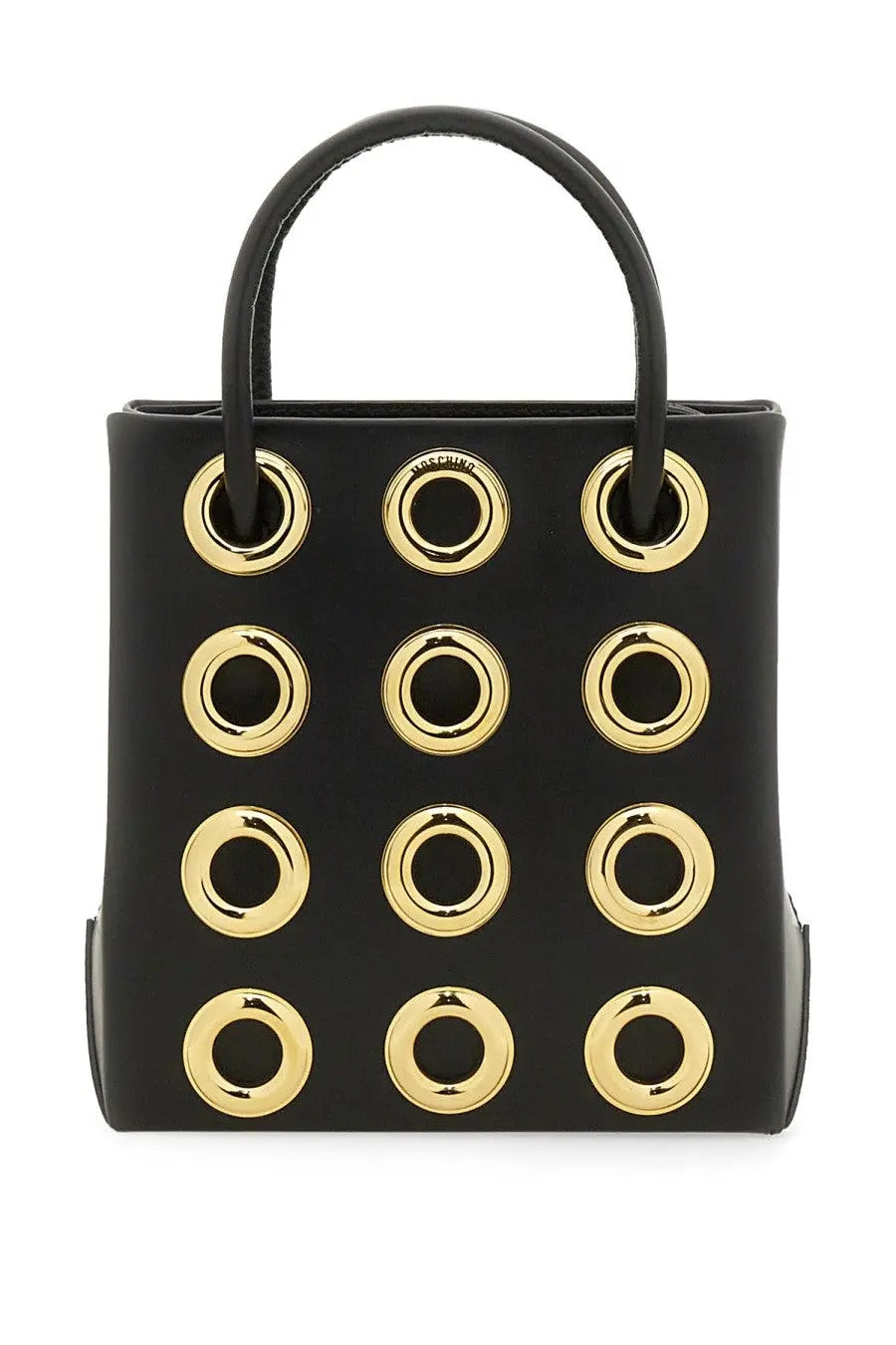 Moschino women’s black leather handbag with gold-tone circular grommets and black top handles