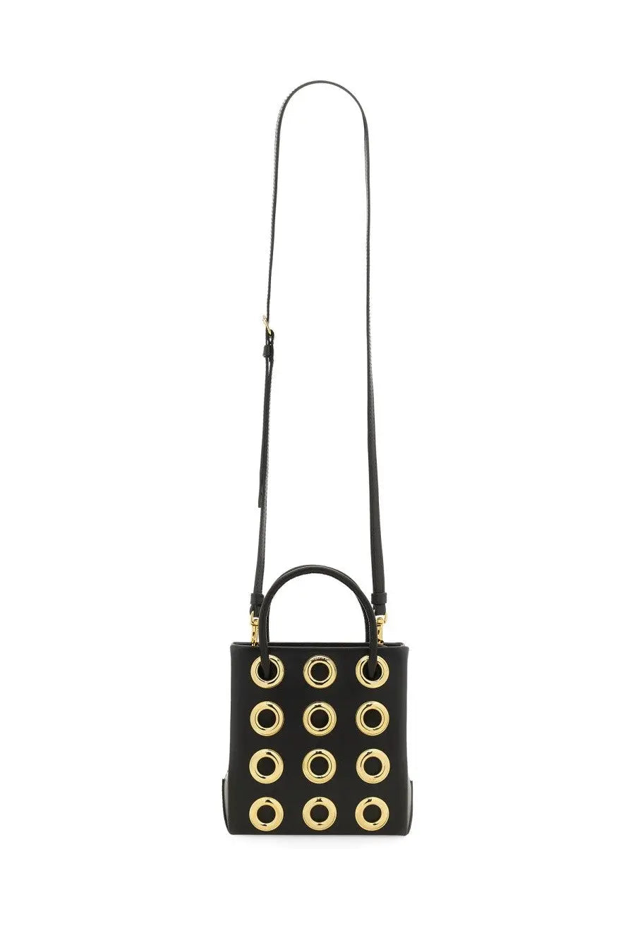 Moschino women’s black leather mini tote bag with gold-tone circular studs and matching top handle