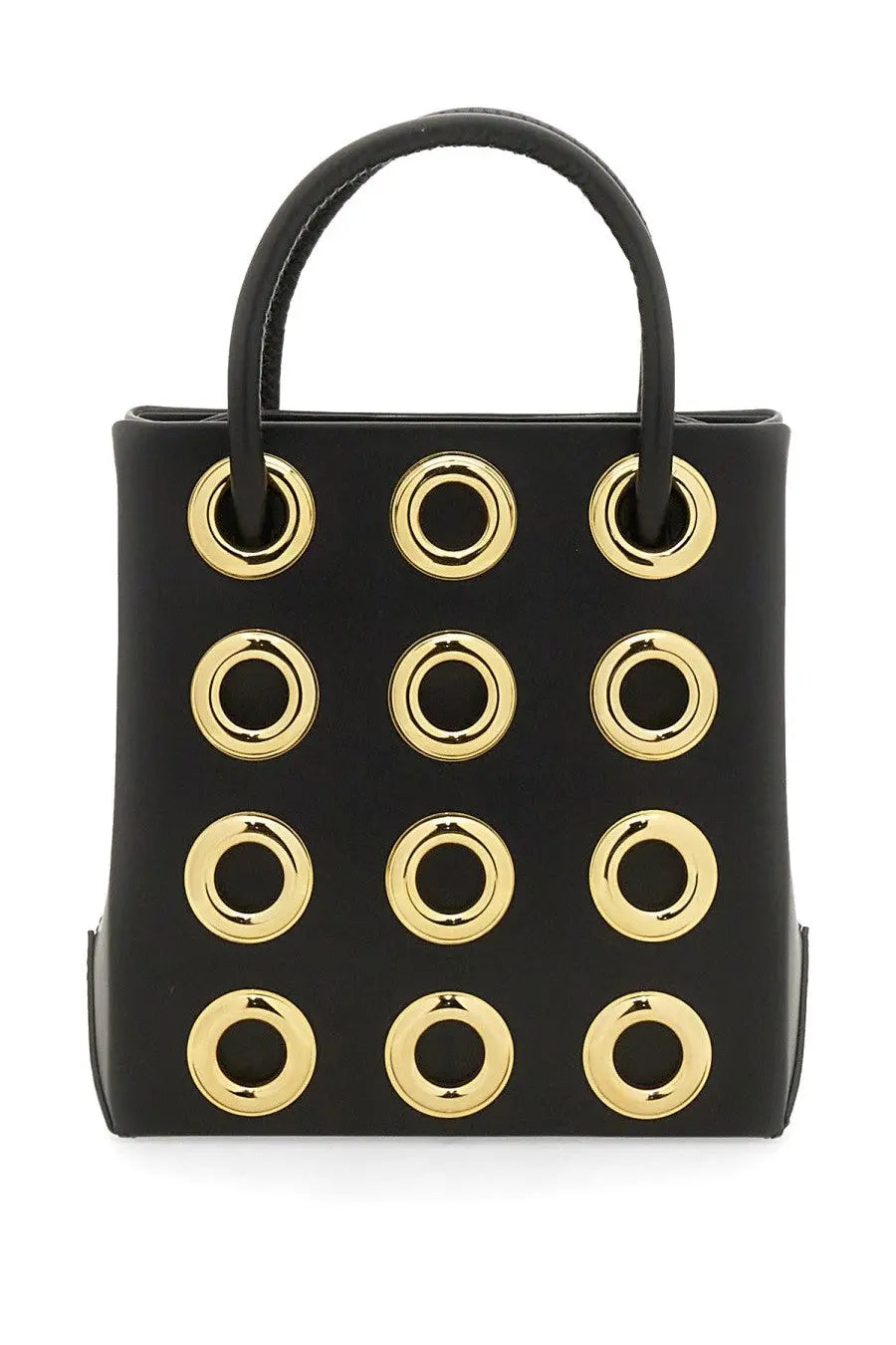Moschino women’s black leather mini tote bag with gold-tone metal grommet grid and matching handles