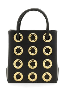 Moschino women’s black leather mini tote bag with gold-tone metal grommet grid and matching handles