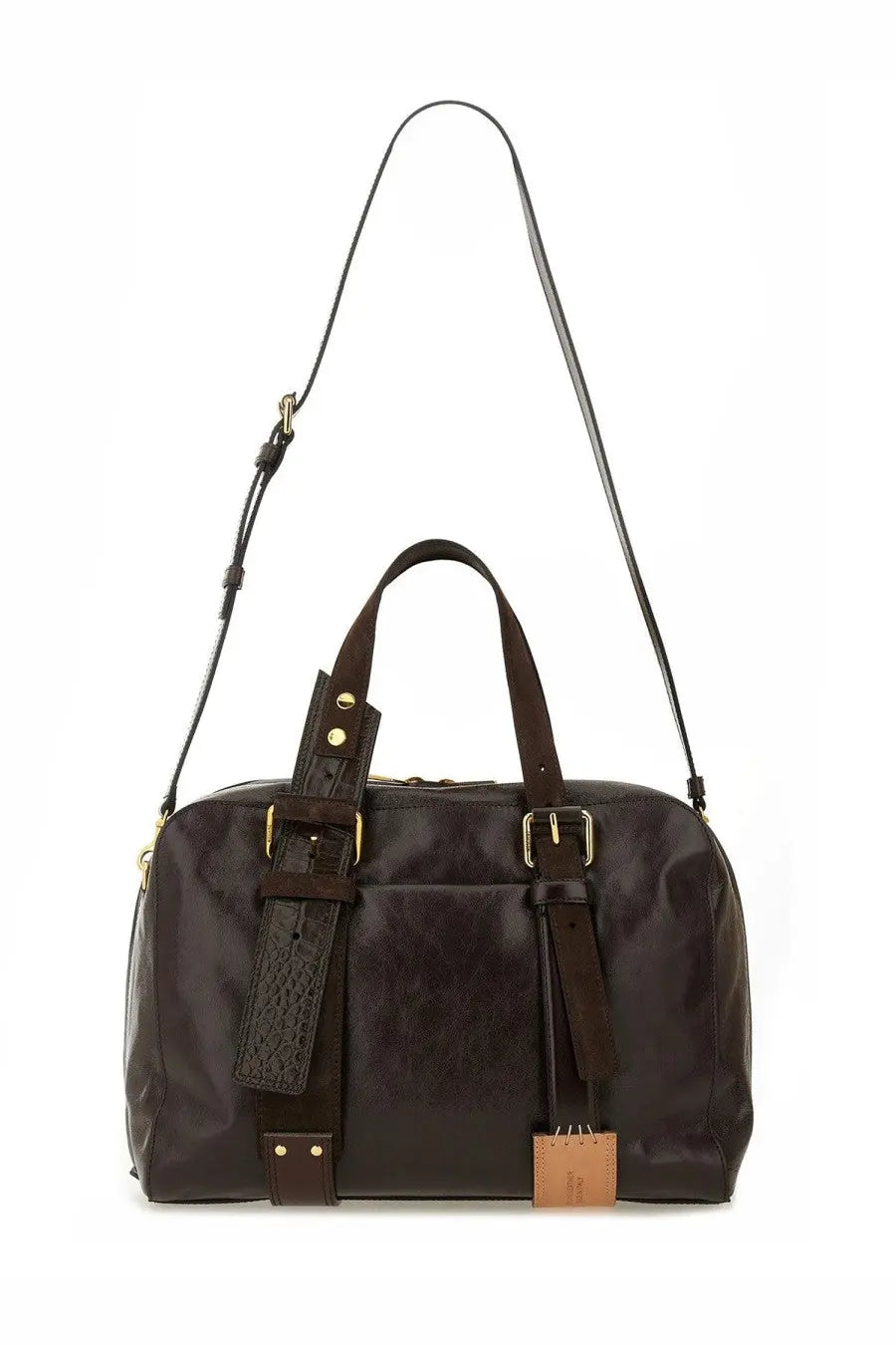 Moschino women’s dark brown leather duffel bag with gold-tone buckles and adjustable matching shoulder strap