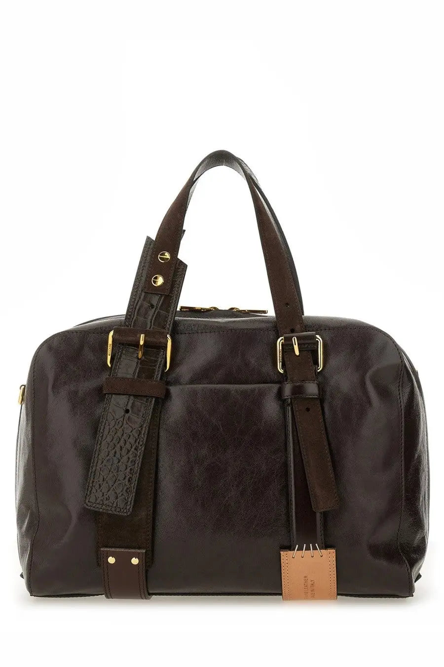 Moschino women’s dark brown leather duffel bag with gold-tone buckles and crocodile-embossed straps