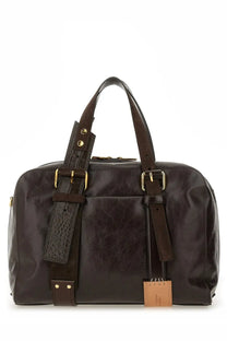 Moschino women’s dark brown leather duffel bag with gold-tone buckles and crocodile-embossed straps
