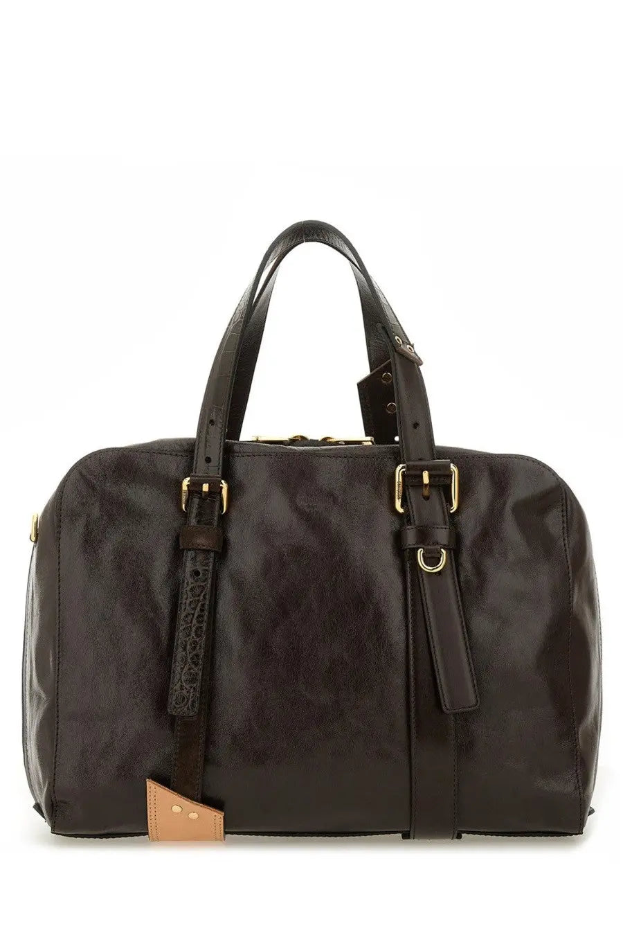 Moschino women’s dark brown leather duffel bag with gold-tone buckles and textured strap detail