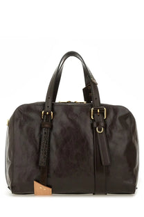 Moschino women’s dark brown leather duffel bag with gold-tone buckles and textured strap detail