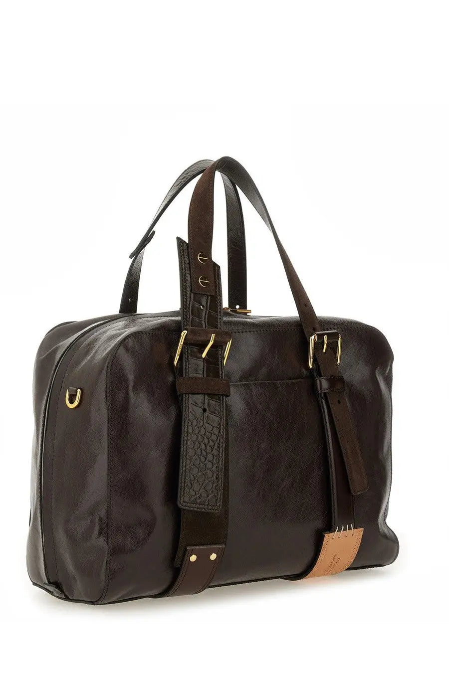 Moschino women’s dark brown leather duffel bag with gold-tone hardware and textured strap detail