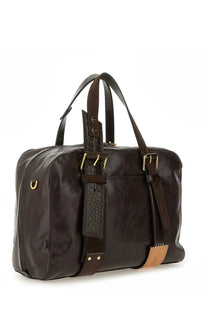 Moschino women’s dark brown leather duffel bag with gold-tone hardware and textured strap detail