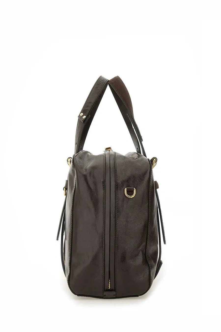 Moschino women’s dark brown leather duffle bag with gold-tone hardware and dual top handles