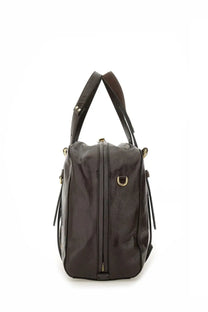 Moschino women’s dark brown leather duffle bag with gold-tone hardware and dual top handles