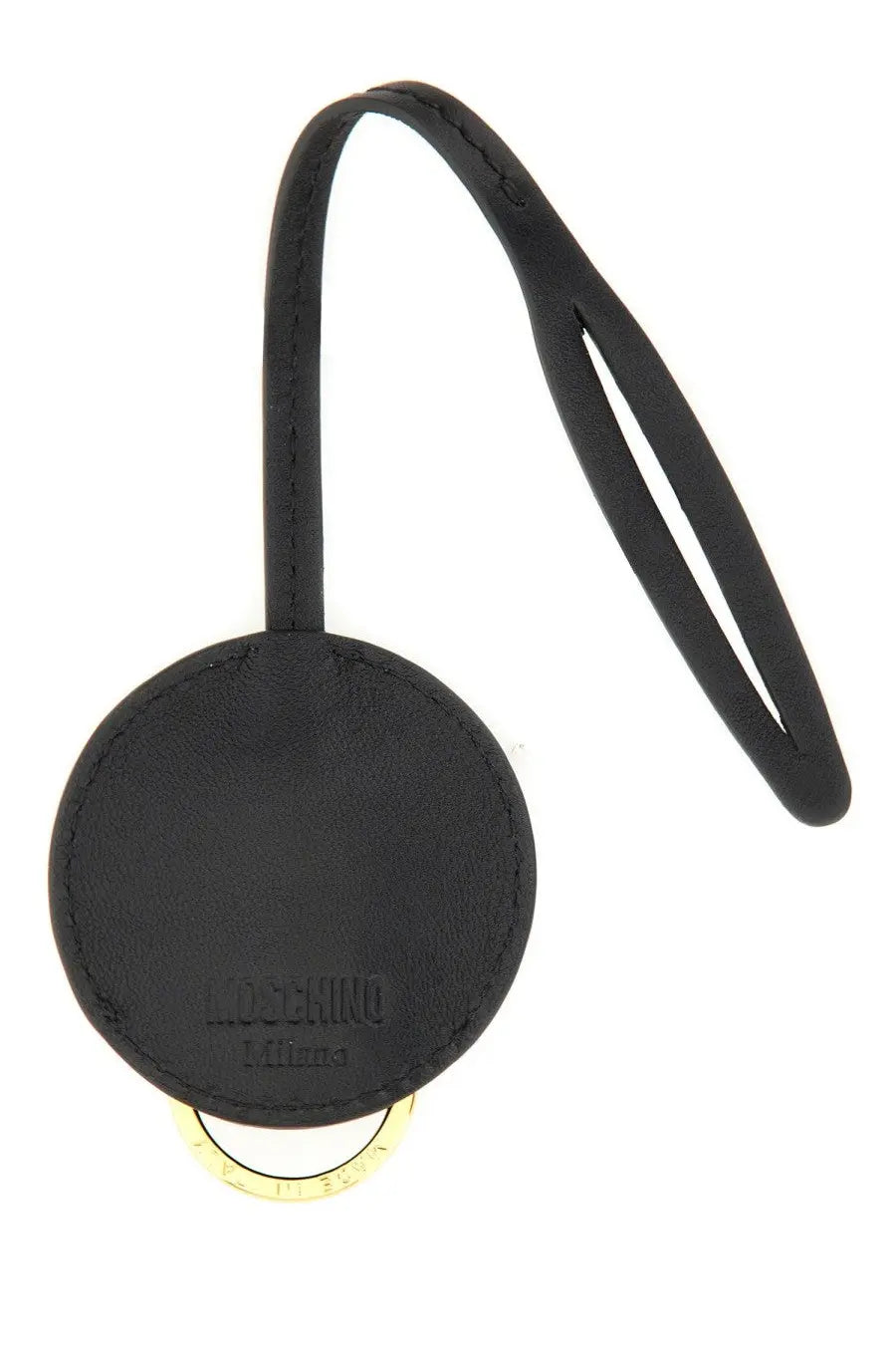 Black leather moschino milano circular luggage tag with gold-tone metal ring and strap for women’s keychain multicolor