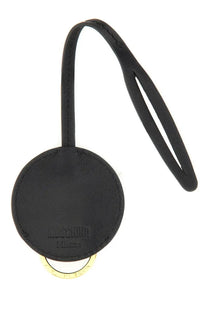 Black leather moschino milano circular luggage tag with gold-tone metal ring and strap for women’s keychain multicolor