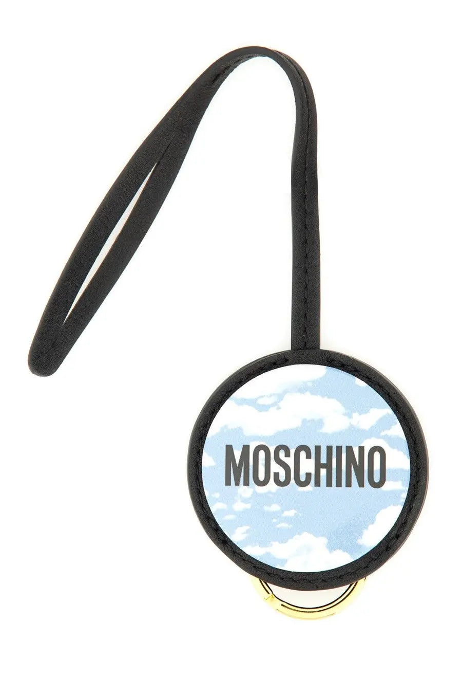 Moschino womens leather keychain with a black strap and circular luggage tag featuring blue sky and white clouds design