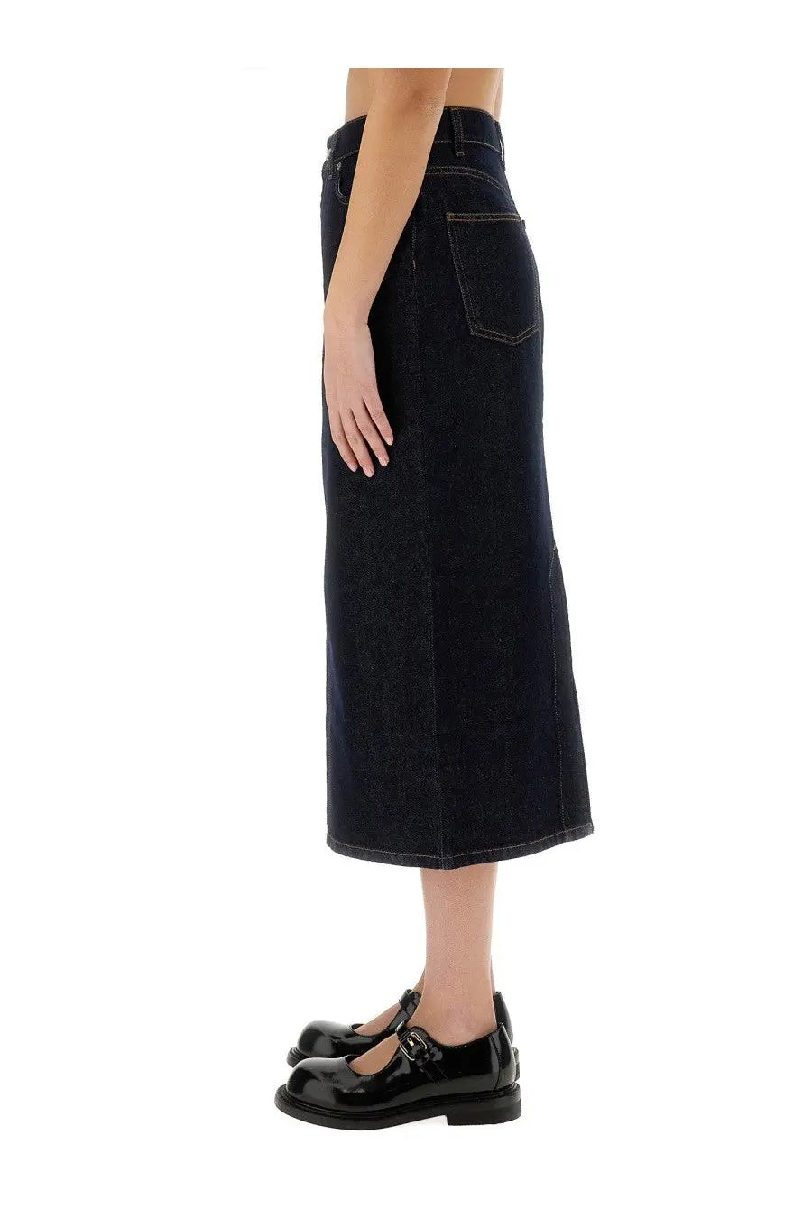 Dark indigo denim midi skirt with high waist and classic back pocket shown from the back by Moschino women