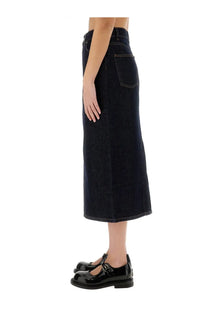 Dark indigo denim midi skirt with high waist and classic back pocket shown from the back by Moschino women