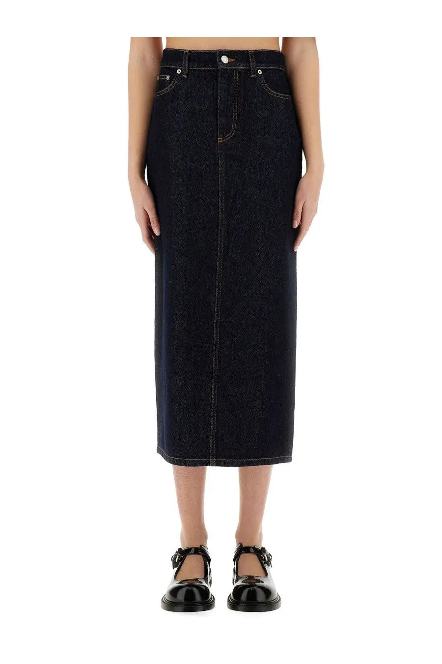 Moschino women’s long denim skirt in dark indigo with straight cut and contrasting light stitching