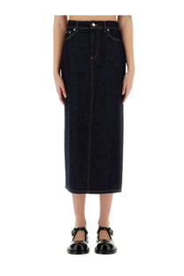 Moschino women’s long denim skirt in dark indigo with straight cut and contrasting light stitching