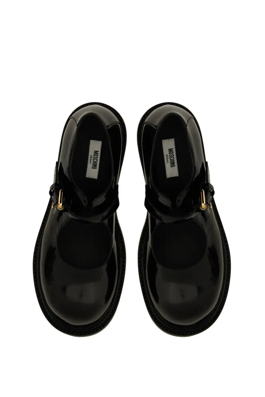Moschino women’s mary jane olivia black patent leather shoes with gold tone buckle details and chunky sole