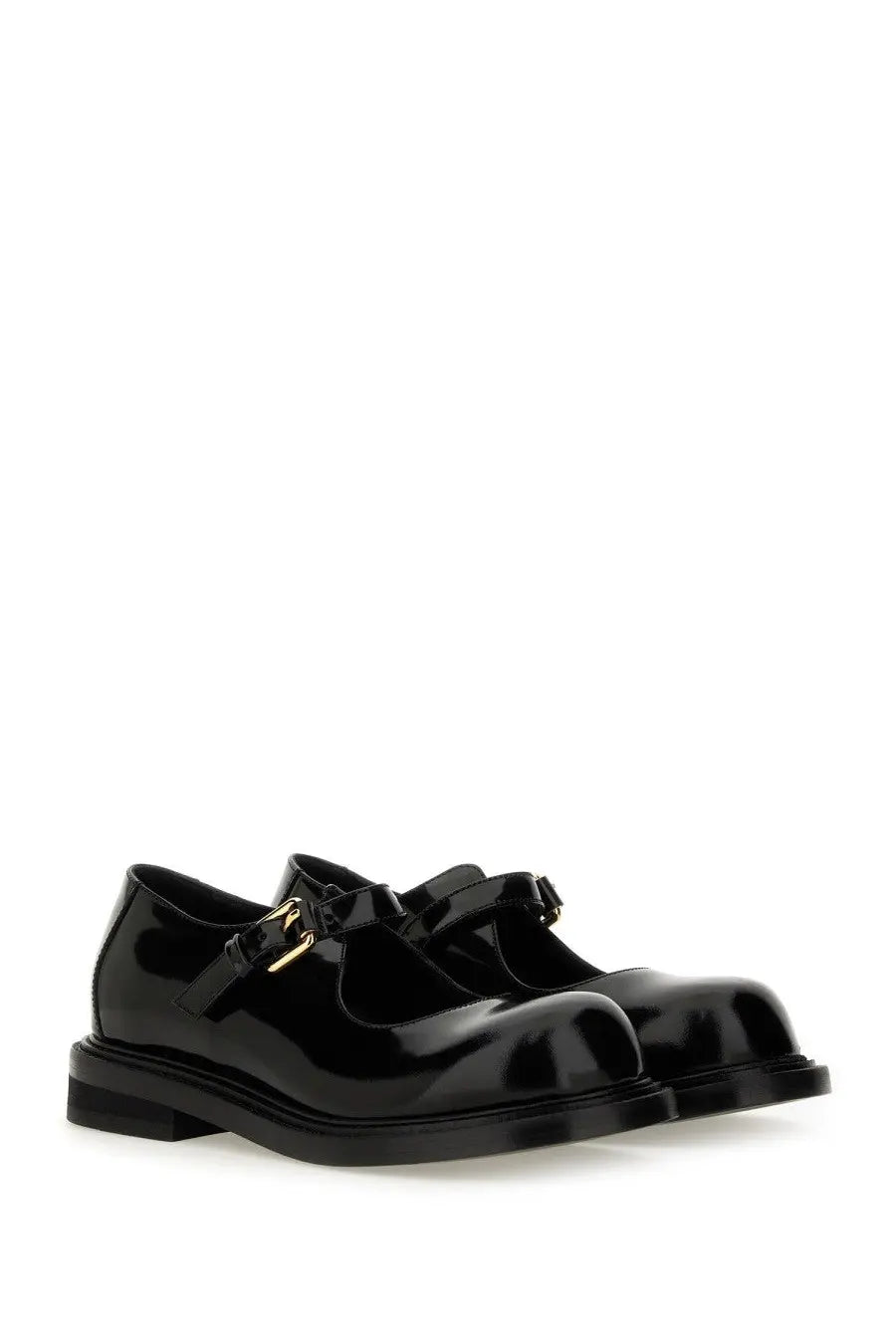 Moschino women’s mary jane olivia black patent leather shoes with gold-tone buckle details