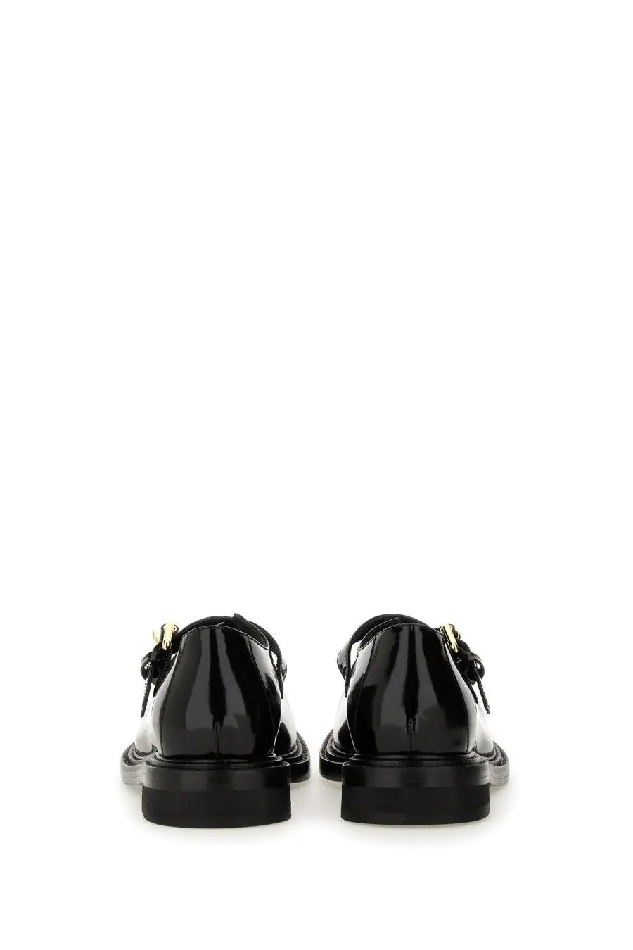 Moschino women’s Mary Jane Olivia black patent leather loafers with gold-tone buckle details