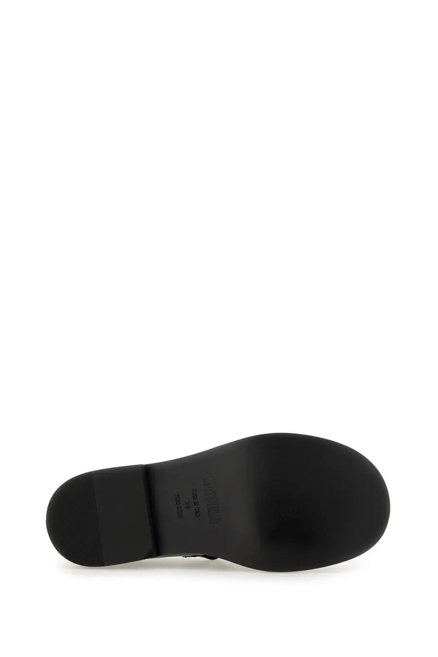 Moschino women’s Mary Jane Olivia black shoe with a smooth glossy black rubber sole and subtle branding near the heel