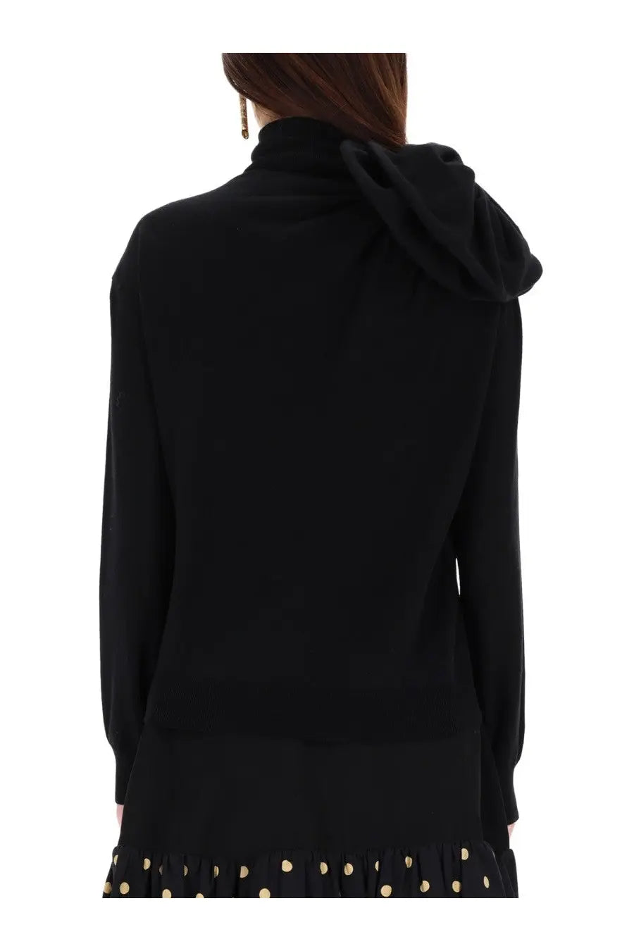 Moschino women’s mesh black hooded sweater with soft ribbed texture and long sleeves front view