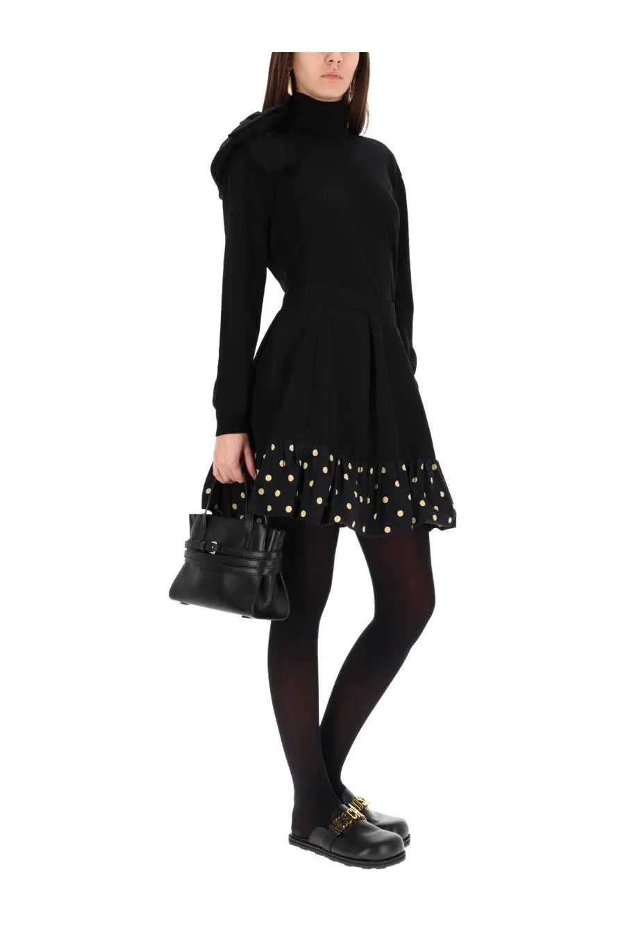 Moschino womens mesh black leather handbag with structured design and gold-tone hardware accents