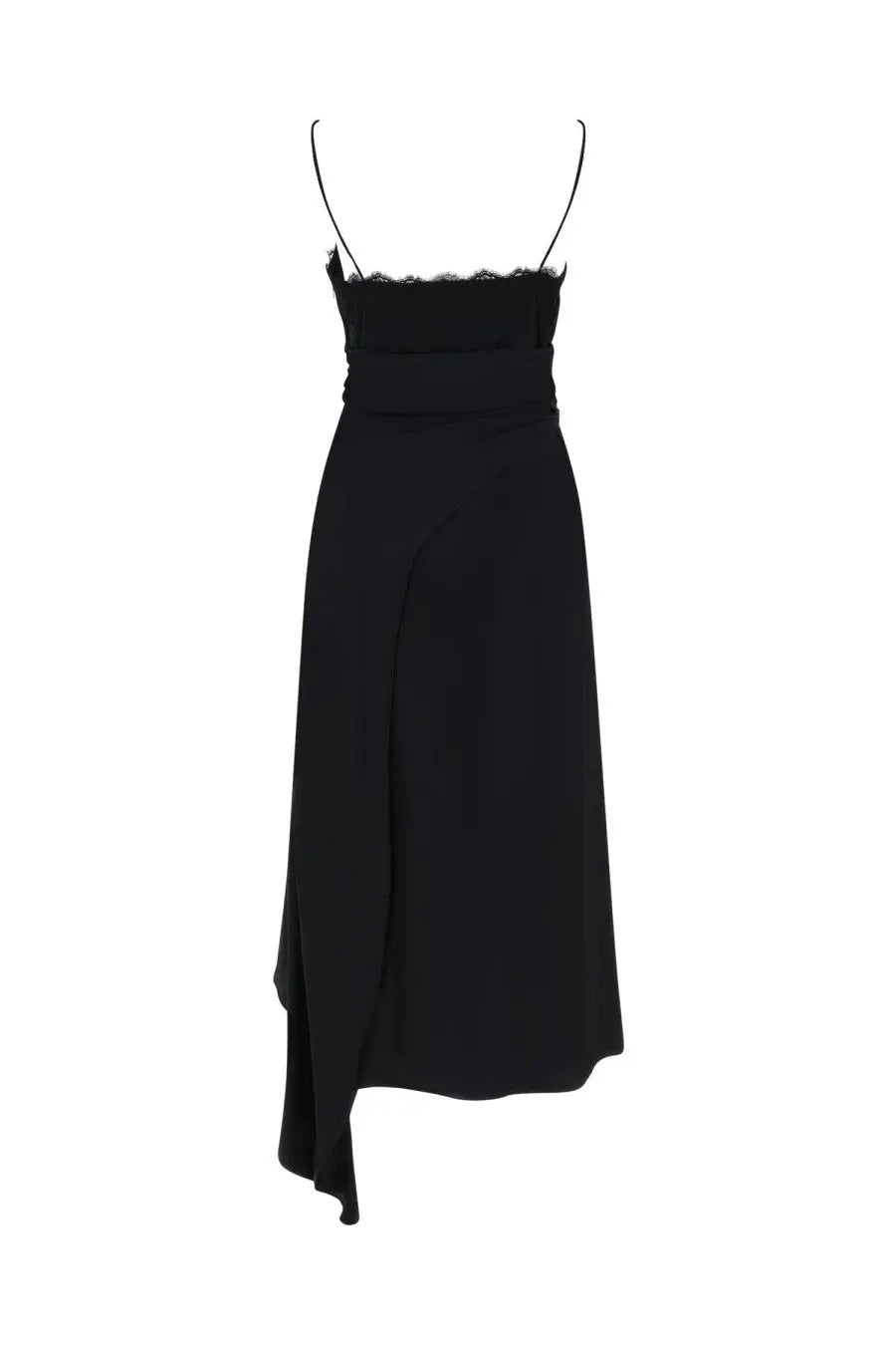 Moschino women’s black satin midi dress with delicate lace trim at neckline and thin spaghetti straps