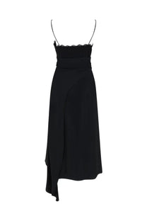 Moschino women’s black satin midi dress with delicate lace trim at neckline and thin spaghetti straps