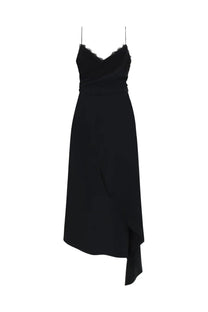 Moschino women’s midi dress black satin slip with lace trim neckline and draped asymmetrical hem