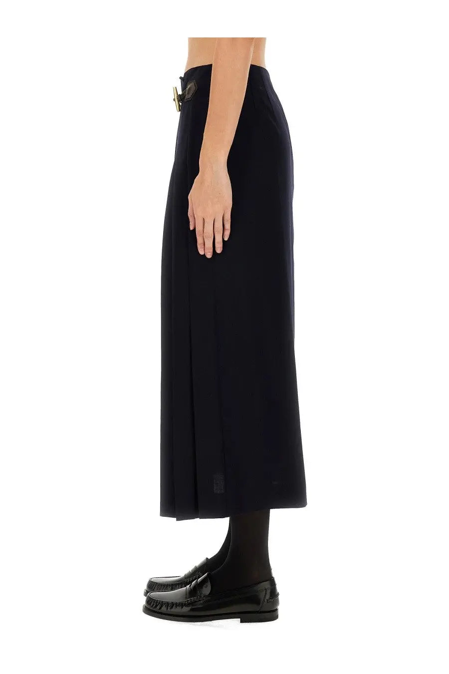 Black high-waisted midi skirt with gold-toned belt buckle by Moschino womens blue collection