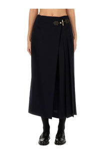 Moschino women’s black pleated midi skirt with leather and gold-tone buckle at the waist