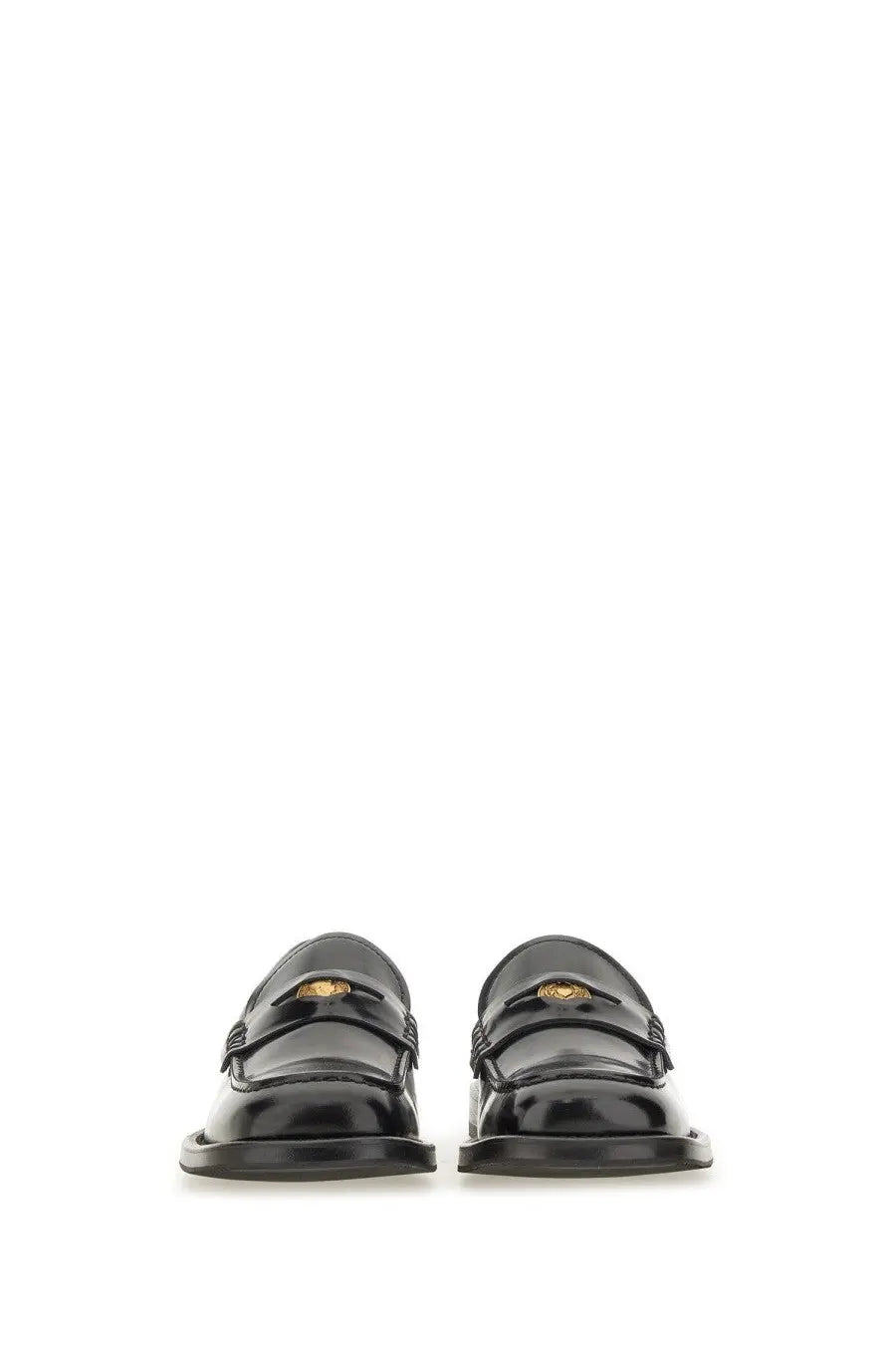 Moschino women’s moccasin berlin black patent leather loafers with gold-tone medusa head logo front view