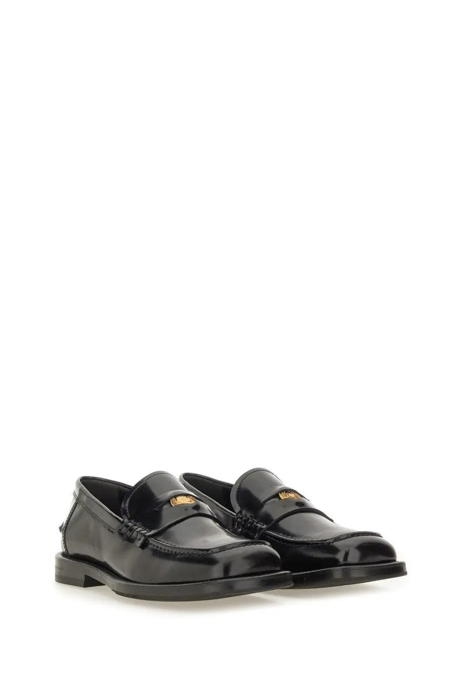 Moschino womens moccasin berlin black patent leather loafers with gold tone medusa head logo on the vamp