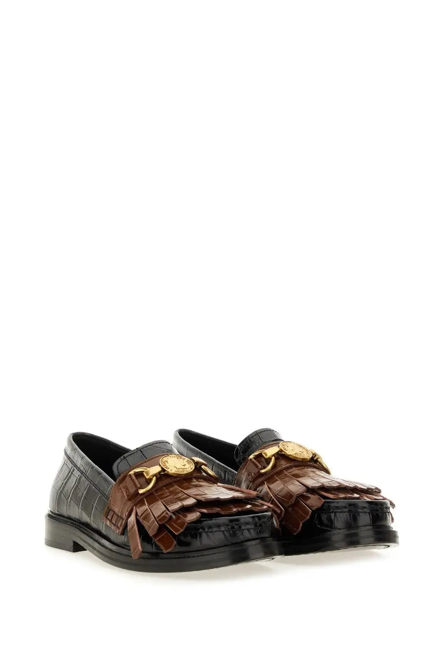 Moschino women’s black leather moccasin loafers with brown and black croc embossing gold-tone horsebit buckle and fringe