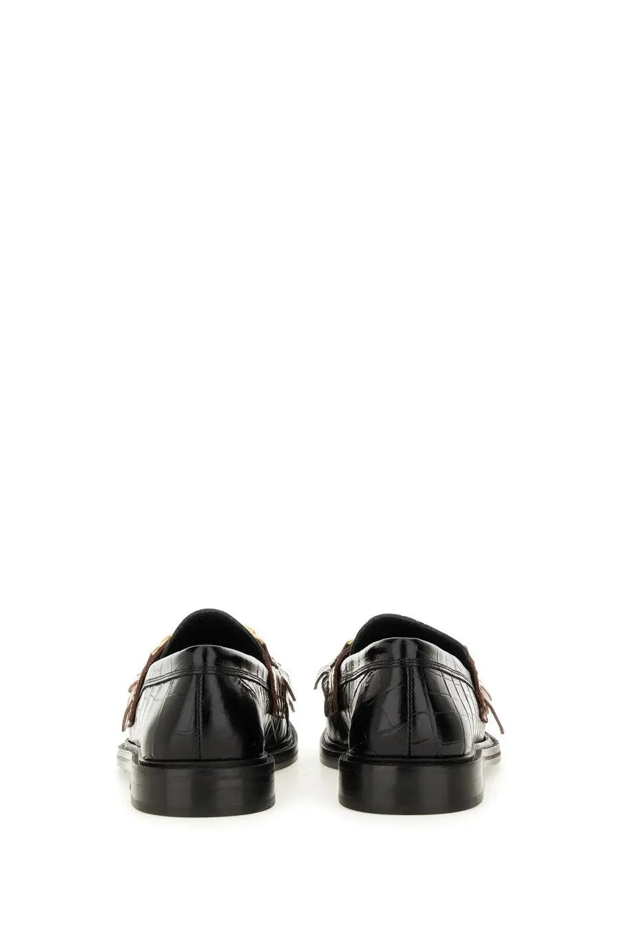 Moschino women’s moccasin black black crocodile-embossed leather loafers with brown laces
