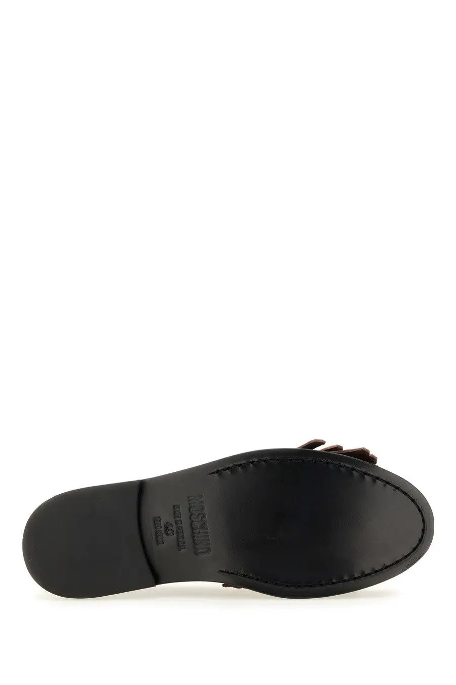Black leather Moschino women’s moccasin sandal with a small brown bow detail on the toe