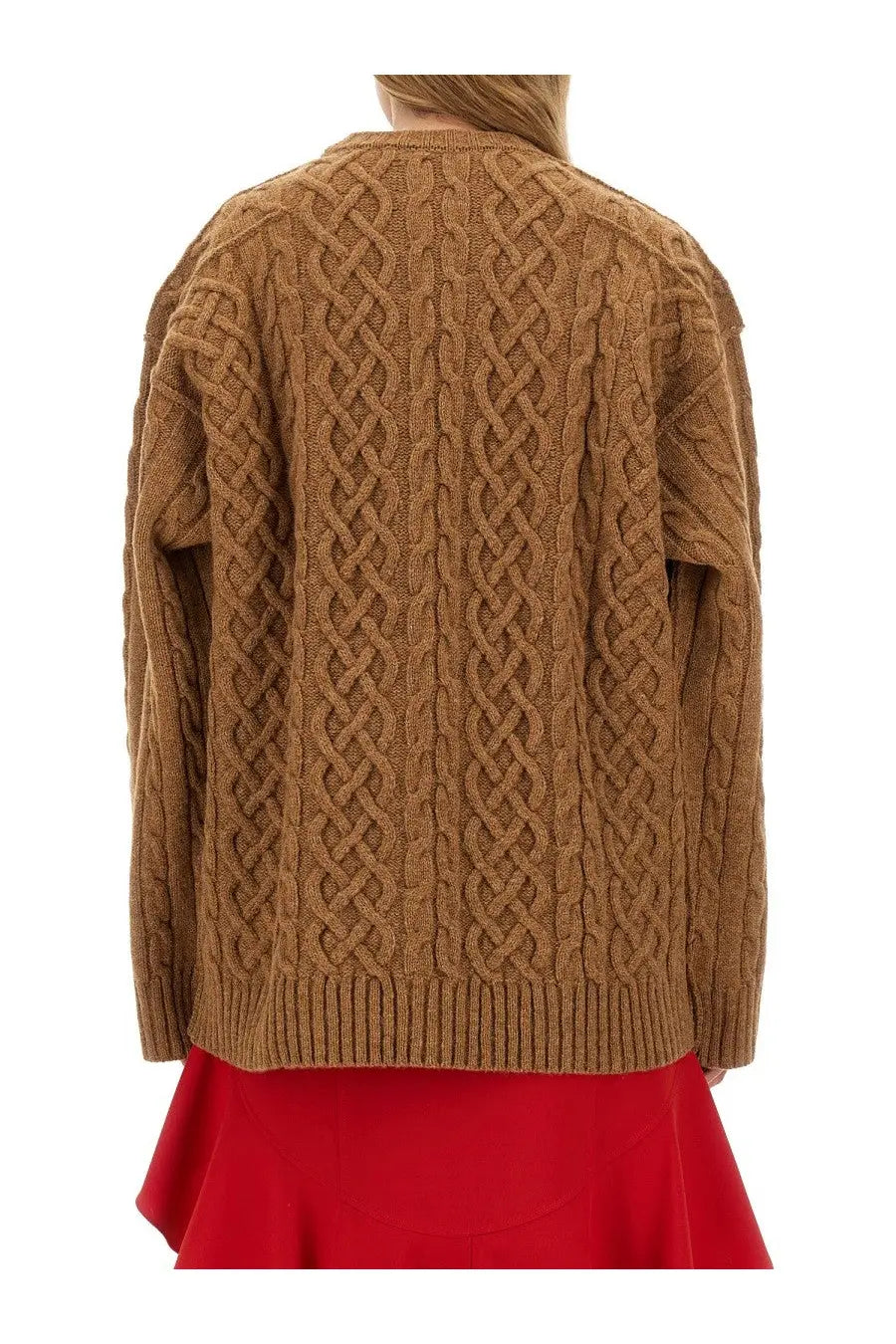 Moschino women’s oversize fit jersey beige camel-colored cable-knit sweater with intricate pattern and ribbed cuffs