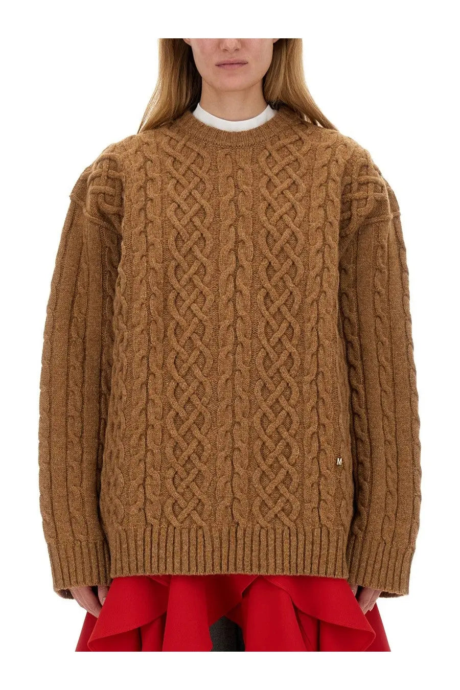 Moschino women’s oversize fit jersey beige tan cable-knit sweater with textured interwoven pattern and ribbed cuffs