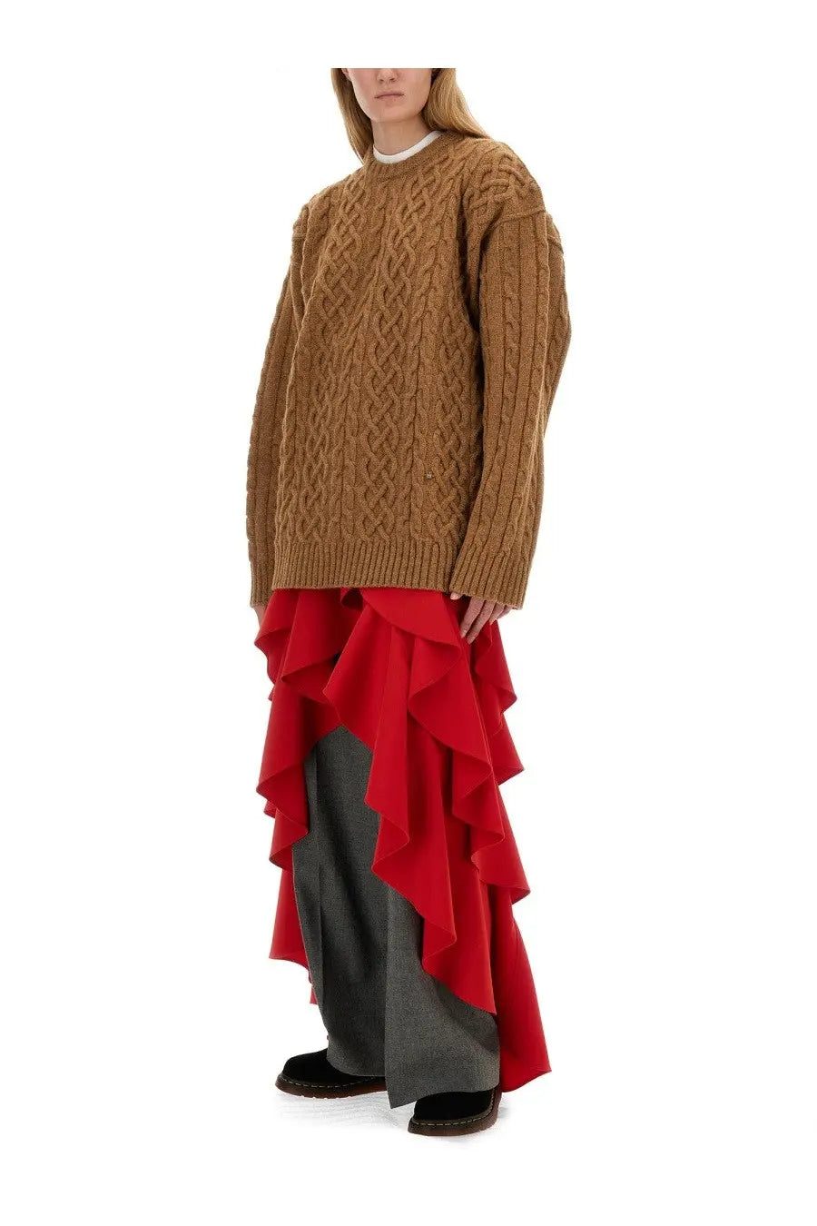 Moschino women’s oversize fit jersey beige tan cable-knit sweater with textured interwoven pattern
