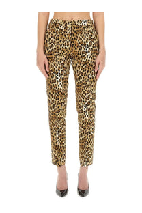 Moschino women’s leopard-print cropped trousers in shiny metallic fabric for stylish casual wear