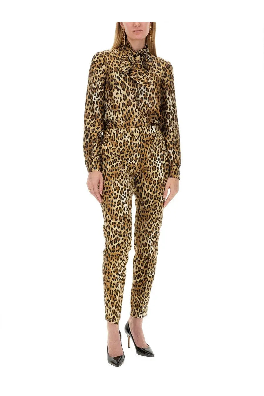 Moschino women’s leopard print long-sleeved jumpsuit with high collar and tied bow for stylish wear